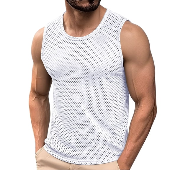 Eryao Men's Mesh Workout Tank Tops Crewneck Sleeveless Muscle Shirts Casual Outdoor Gym Training Tees,White,XXXL