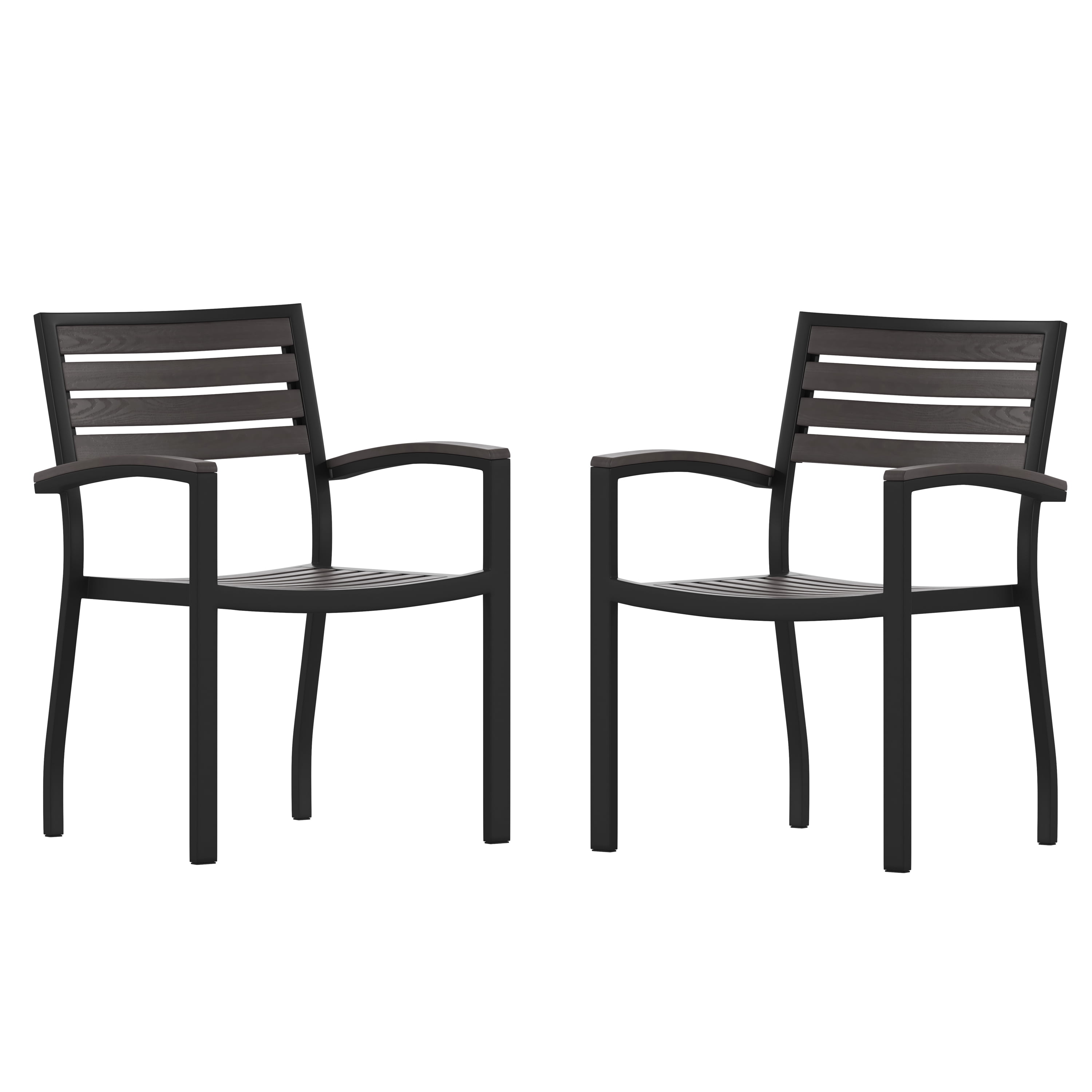 BizChair Set of 2 Outdoor Stackable Faux Teak Side Chairs - Commercial Grade Black Aluminum Patio Chairs with Synthetic Gray Wash Faux Teak Slats