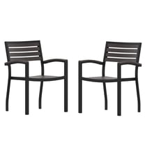 Flash Furniture Lark Set of 2 Outdoor Stackable Faux Teak Side Chairs - Commercial Grade Black Aluminum Patio Chairs with Synthetic Gray Wash Faux Teak Slats