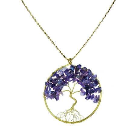 Gold Smokey Quartz Necklace - Purple Amethyst Stone Eternal Tree of Life Brass Long Necklace