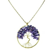 Purple Amethyst Stone Eternal Tree of Life Brass Long Necklace