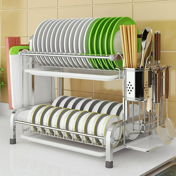 NK 2 Tier Sink Dish Drying Rack, Large Dishes Drain Rack Shelf with Removable Board, Plate