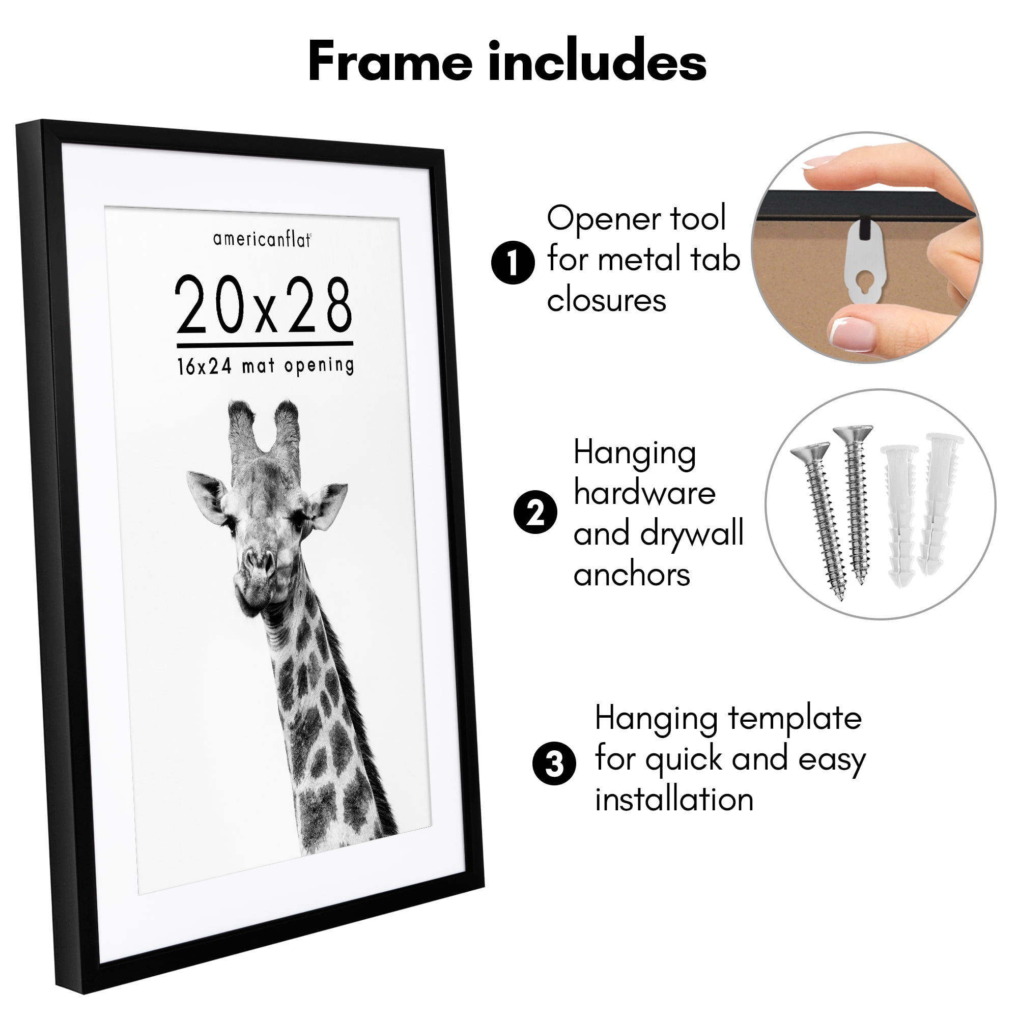 Americanflat 20x28 Picture Frame with Polished Plexiglass with 16x24 Mat Display Photo Soho Collection - Black