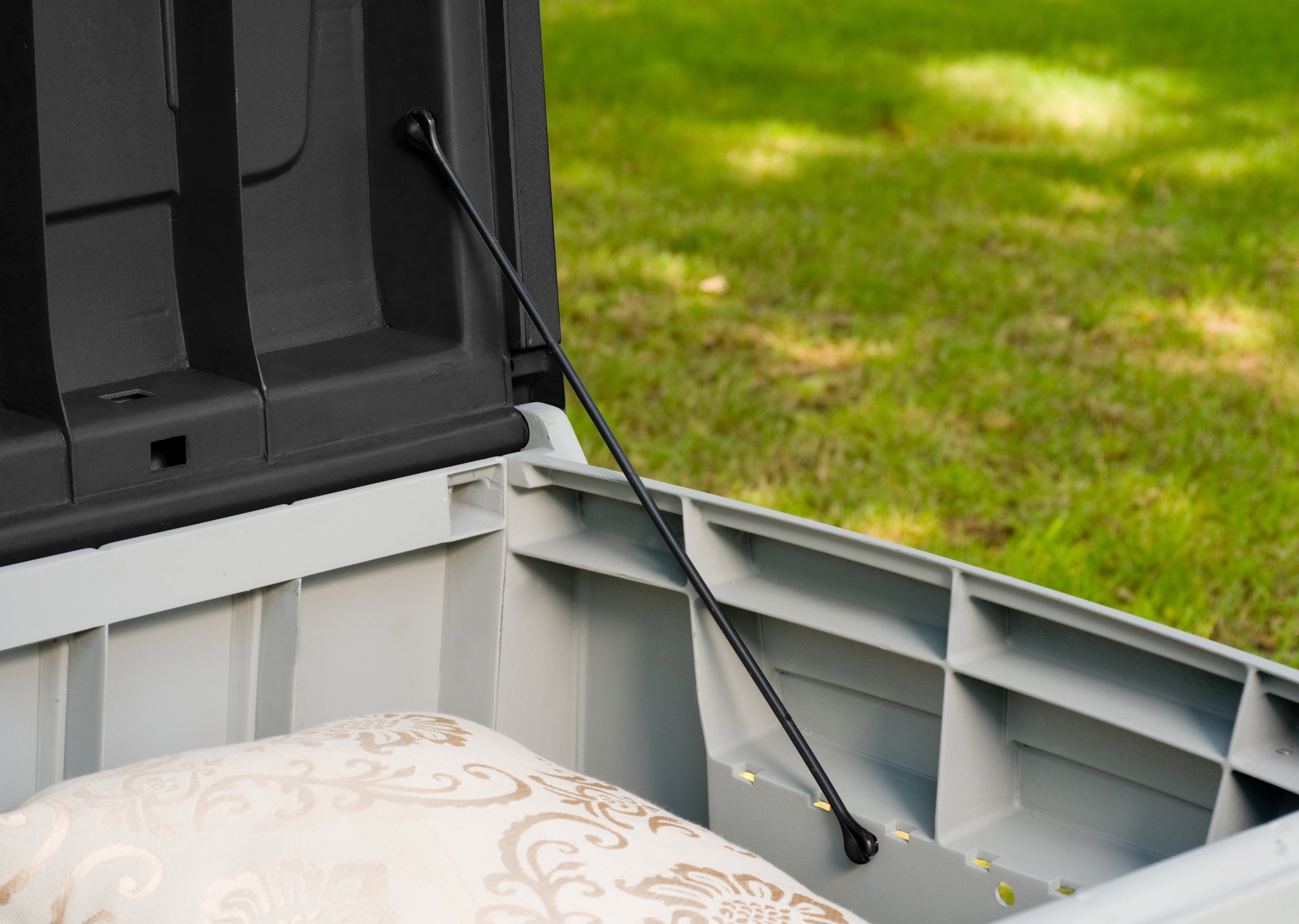 Keter Novel 90 Gallon Durable Weatherproof Resin Deck Box Organization and Storage for Outdoor Patio and Lawn, Black and Gray
