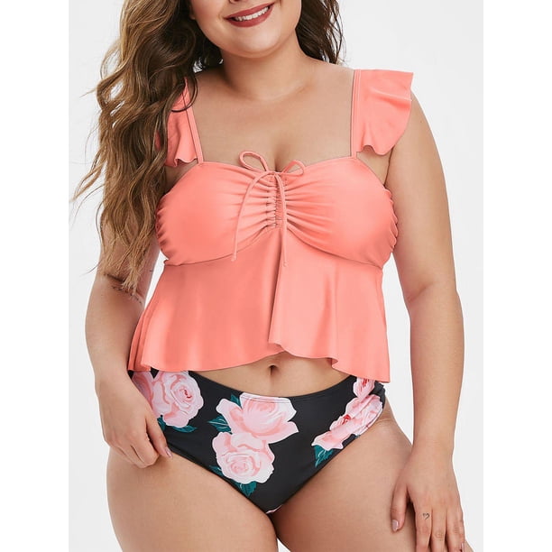 Tamaño más delantero cinchado la impresión floral del traje de baño de Tankini Rosegal vestidos de fiesta tallas grandes