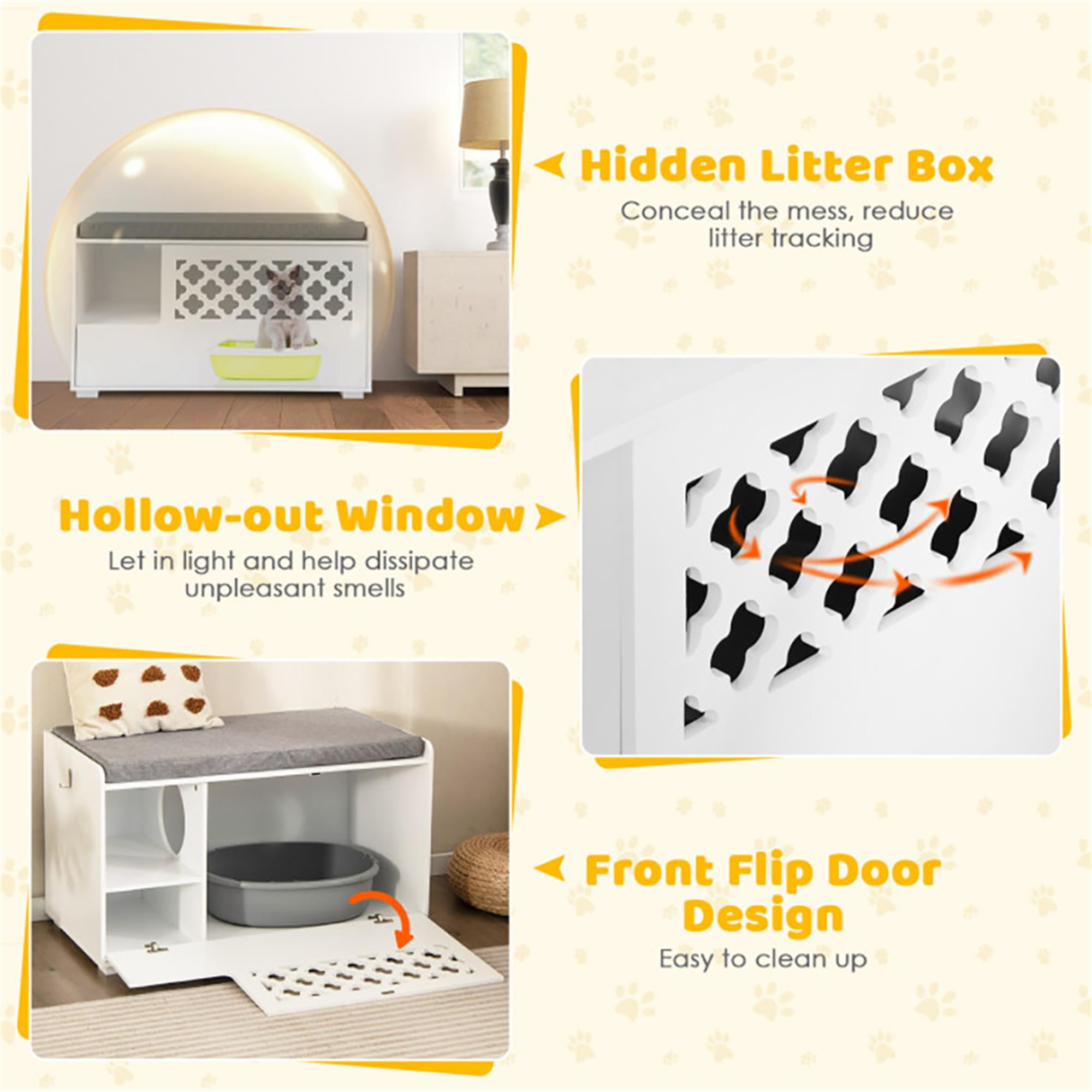 Kadyn 35" Cat Litter Box Enclosure Hidden, Wooden Cat Furniture Storage Bench Kitty Cat Washroom, Indoor Cat Box Cabinet Fit Most of Litter Box, White