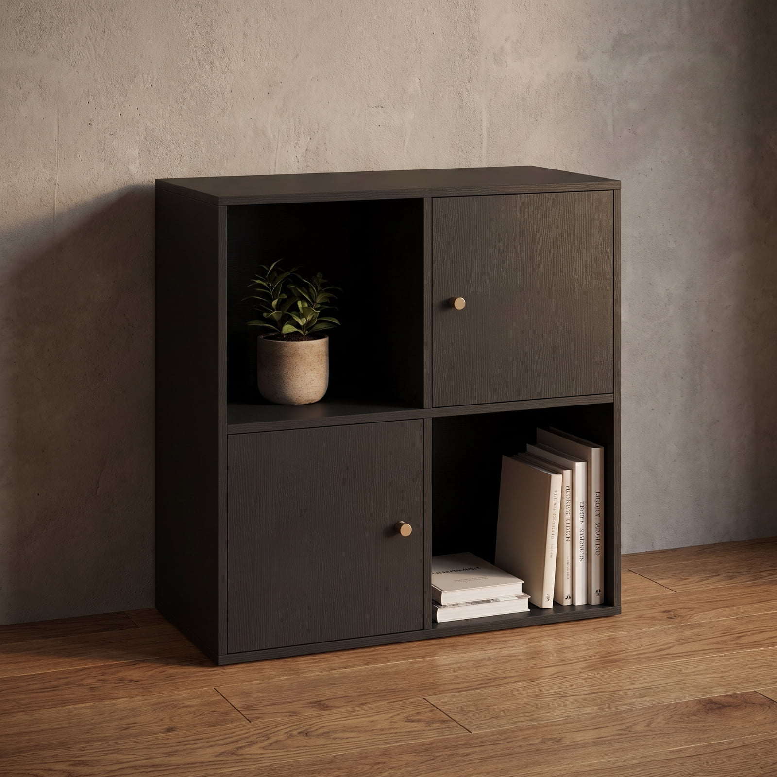 Furnibear 4-Cube 3-Tier Bookcase with 2 Cabinets Dual Anti-Tipping Kits and Metal Knobs for Living Room and Home Office, Black