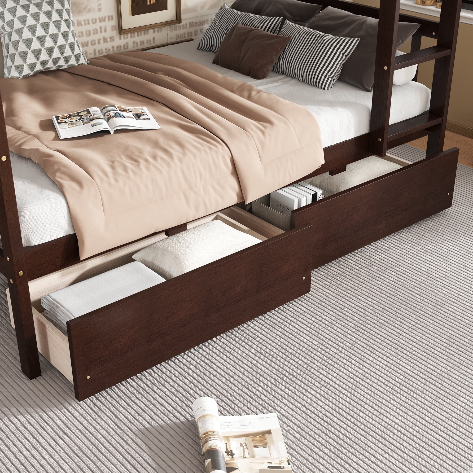 Sailvan Twin Over Twin Rubber Wood Bunk Bed with 2 Drawers, Convertible into 2 Twin Beds