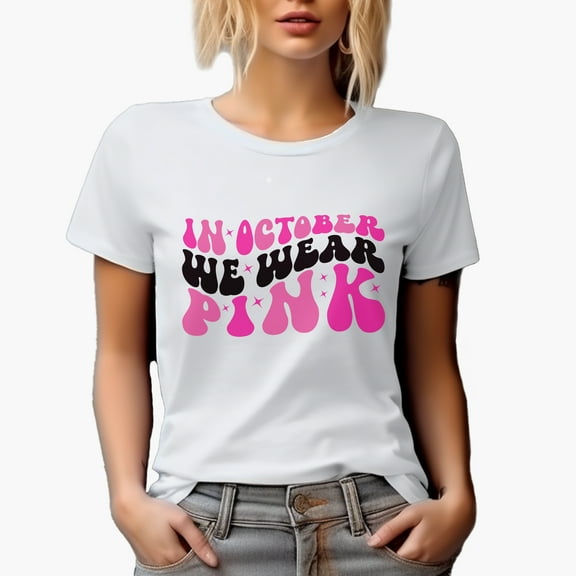 In October, We Wear Pink, Breast Cancer Awareness Quote, Groovy Retro Wavy Text Merch Gift, White T-Shirt, Small
