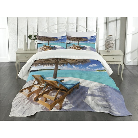 Ambesonne Valentine Quilted Coverlet 3 Pcs, Sunbeds Honeymoon, King Size, Brown Aqua White