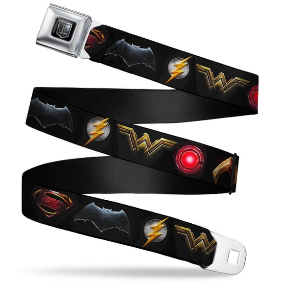 DC Comics Belt, Seatbelt Buckle Belt, Justice League 2017 Superhero Icons Black, 30 to 44 Inches