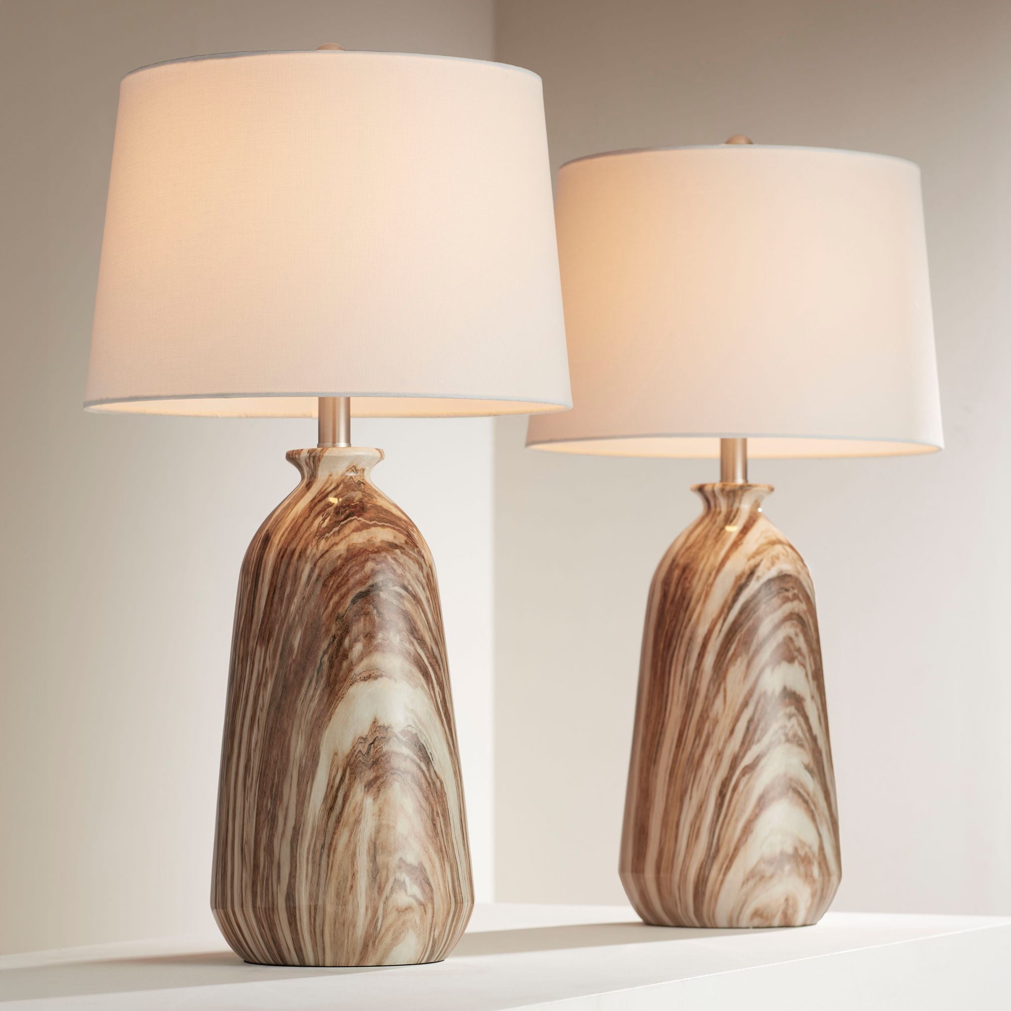 360 Lighting Carlton Modern Table Lamps 28" Tall Set of 2 Swirling Brown Faux Marble White Tapered Drum for Bedroom Living Room Bedside Nightstand