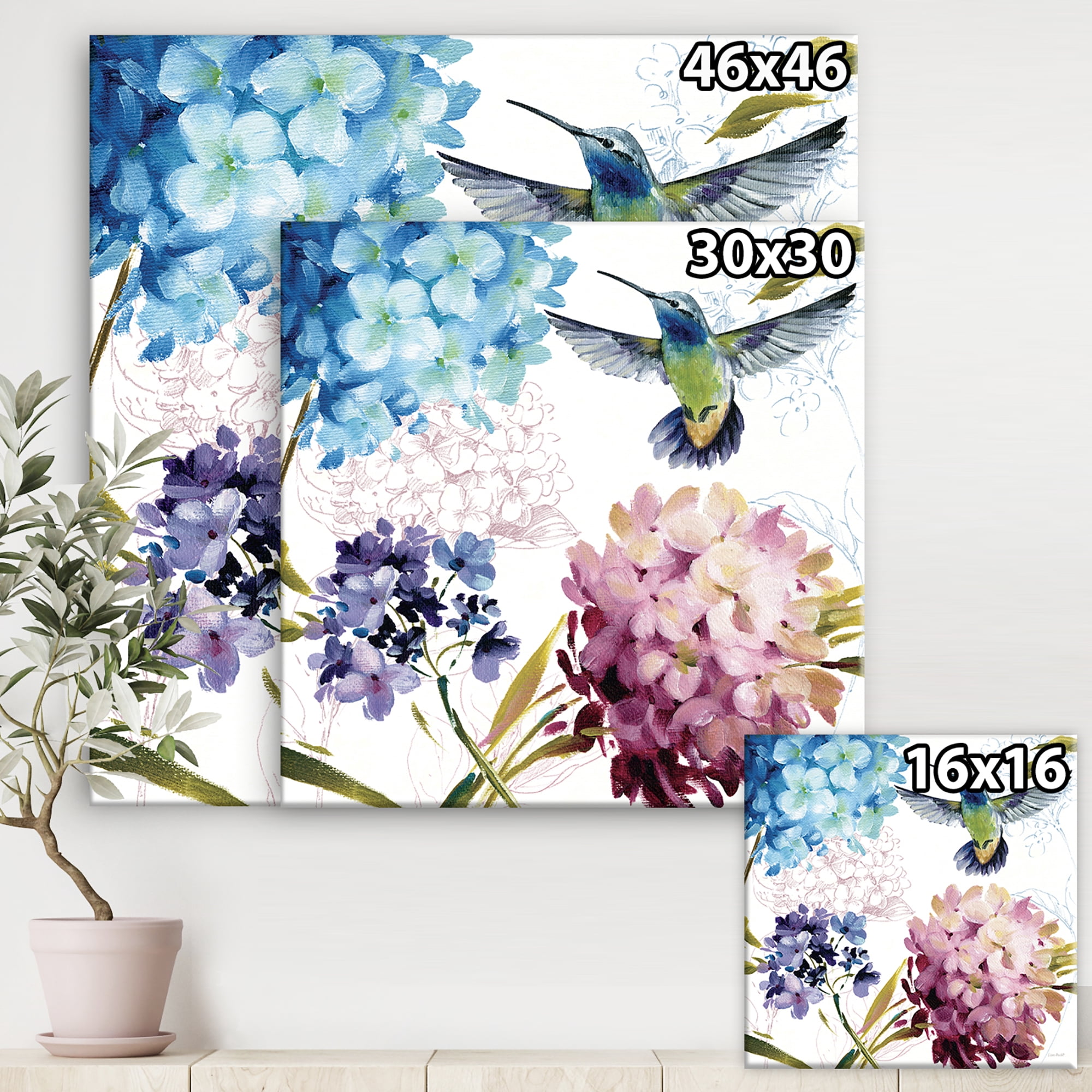 Designart 'Humming bird Blue Cottage Flower' Farmhouse Canvas Artwork