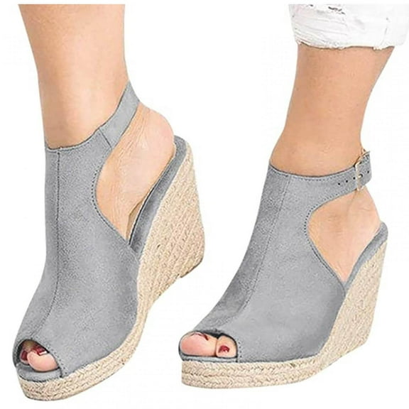 UTTOASFAY Women Solid Summer Ladies Comfy Sandals Slope Heel Casual Beach Shoes Gray 5(36)