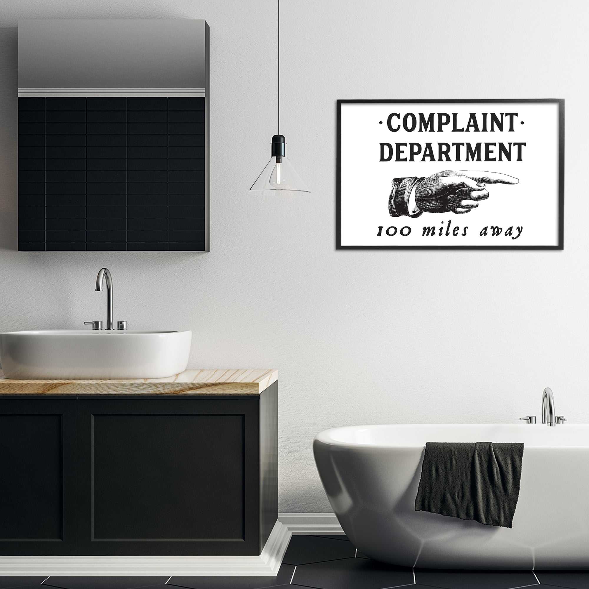 Stupell Industries Complaint Department Pointing Typography Painting Black Framed Art Print Wall Art, 30 x 20