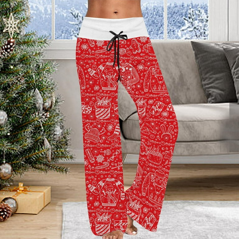 Hvyesh Womens Casual Pajama Pants Snowflake Print Drawstring Palazzo Lounge  Pants Wide Leg Elastic High Waist Yoga Joggers Trouses 2024 
