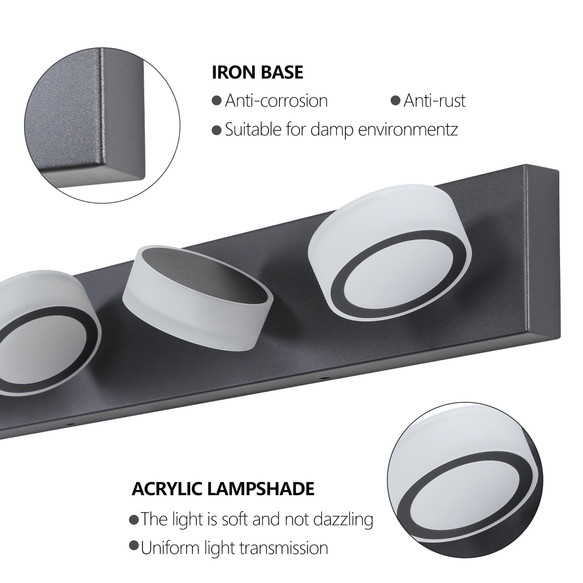 Leumius Modern 5-Light LED Vanity Light Fixture, Black Finish with Acrylic Light Shades, Energy-Efficient Bathroom Wall Sconce, Dimmable for Mirror, Shower and Bathroom Decor