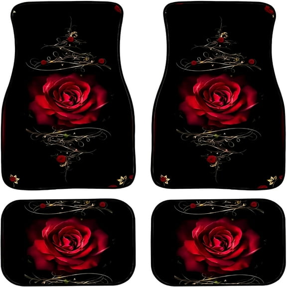 LAMIRO 4 Pieces Car Floor Mats for Women Red Rose Flower Printed Car Accessories Floor Mat Carpet All Weather Protection for Car