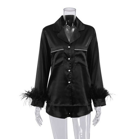 

DanceeMangoo Feather Full Sleeve Women Pajama Sets Suits With Shorts Pocket Sleepwear Turn Down Collar Nightwear Single Breasted Pijama