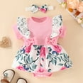 thumbnail image 2 of Girls Romper Girls Summer Short Sleeve Floral Prints Romper Ribbed Bodysuits Dress Headbands Set Baby Rompers RD2 6 Months-9 Months, 2 of 6