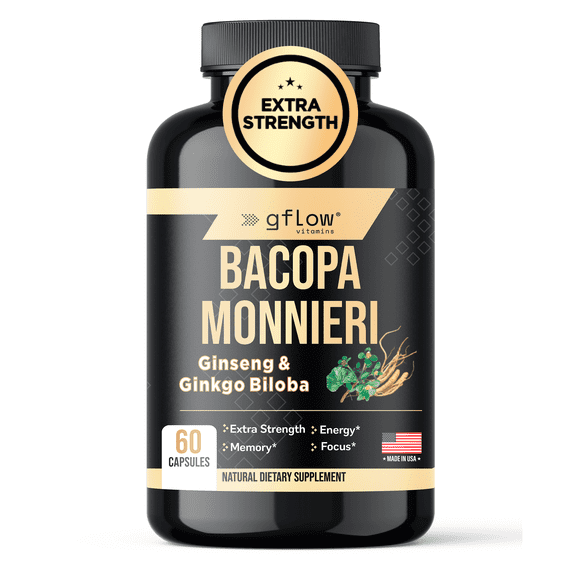 Gflow Vitamins Bacopa Monnieri Supplement with Ginseng and Ginkgo Biloba | Made in the USA | 60 capsules, 30 servings