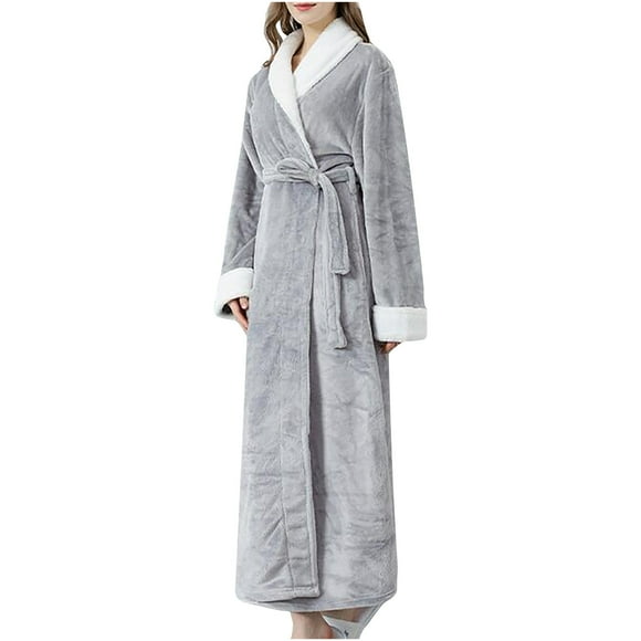 Women's Plush Robes Winter Fleece Long Robe Warm Soft Long Sleeve Bathrobes Flannel Belted Sleepwear with Pockets