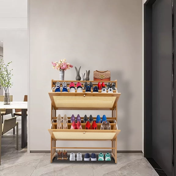 Natural Rattan Shoe Cabinet Free Standing Shoe Racks Shoe Cabinet Wood Color