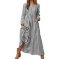 thumbnail image 4 of vigerkar Women's Linen Maxi Dress Long Sleeve Casual V-Neck Tiered Ruffle Dress Boho Beach Pleated Long Dress Grey, 4XL, 4 of 9