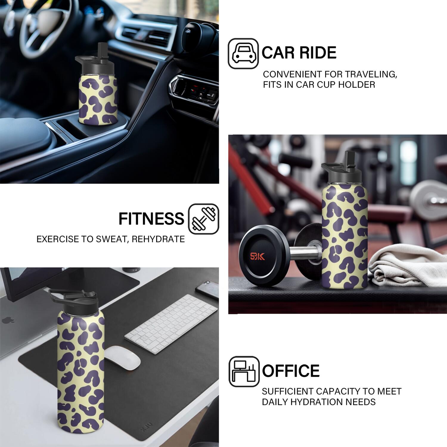 Leopard Print Insulated Stainless Steel Water Bottle with Straw & Cleaning Brush – 18 Oz | Leakproof, BPA-Free, 304 Stainless Steel, Wide Mouth, Travel Mug for Car, Gym, Office