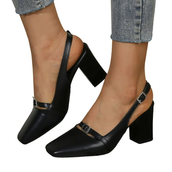 Women's Square Toe Dress Shoes 2025 Leather Chunky Block High Heels Slingback Dressy Pumps Closed Toe Sandals