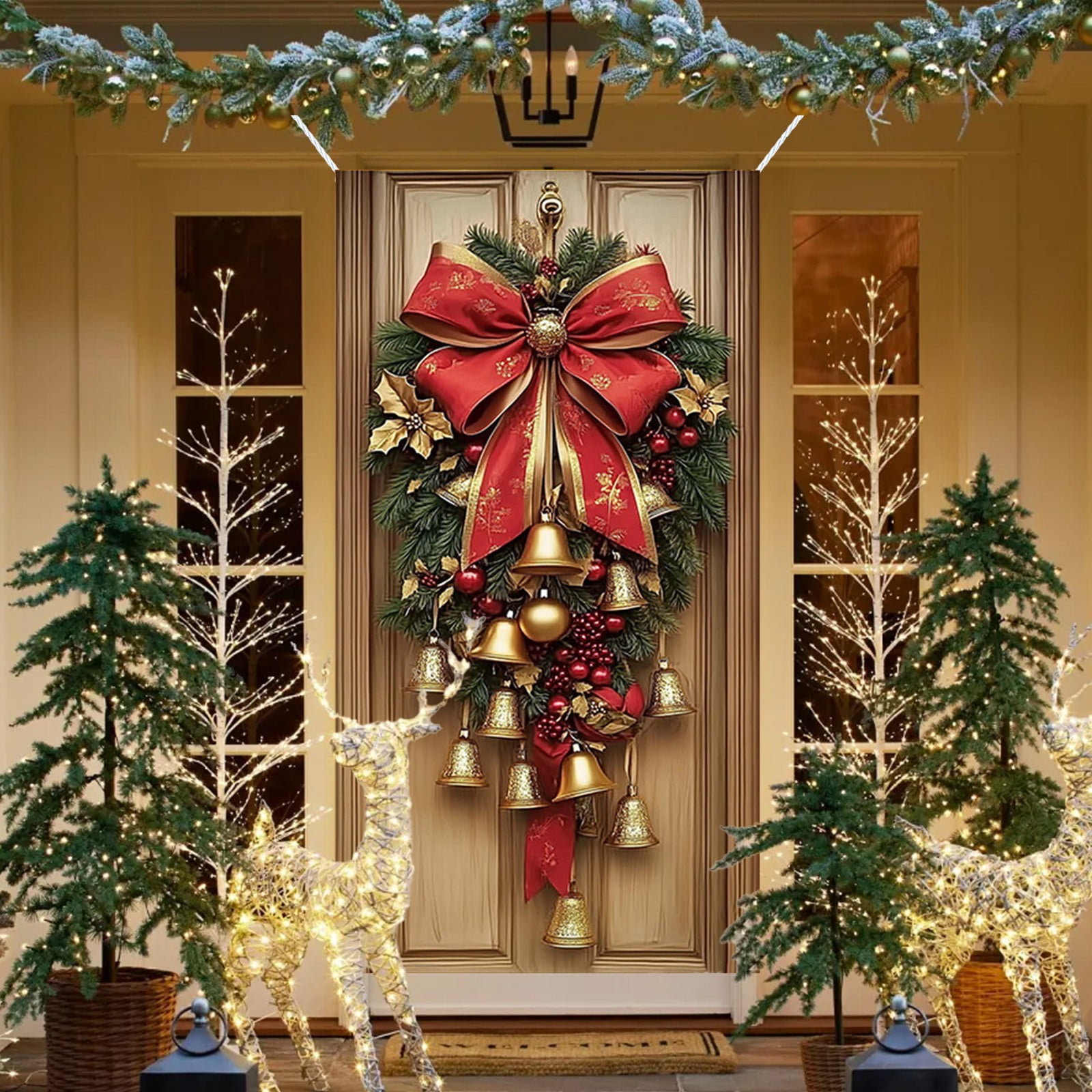 Couverture De Porte De Noël, 35x71 Pouces Bonhomme De Neige De Noël Arbre De Noël Couvertures Suspendues De Porte Fond De Noël Bannière Pour Décoration De Porte D'Entrée De Fête De Noël
