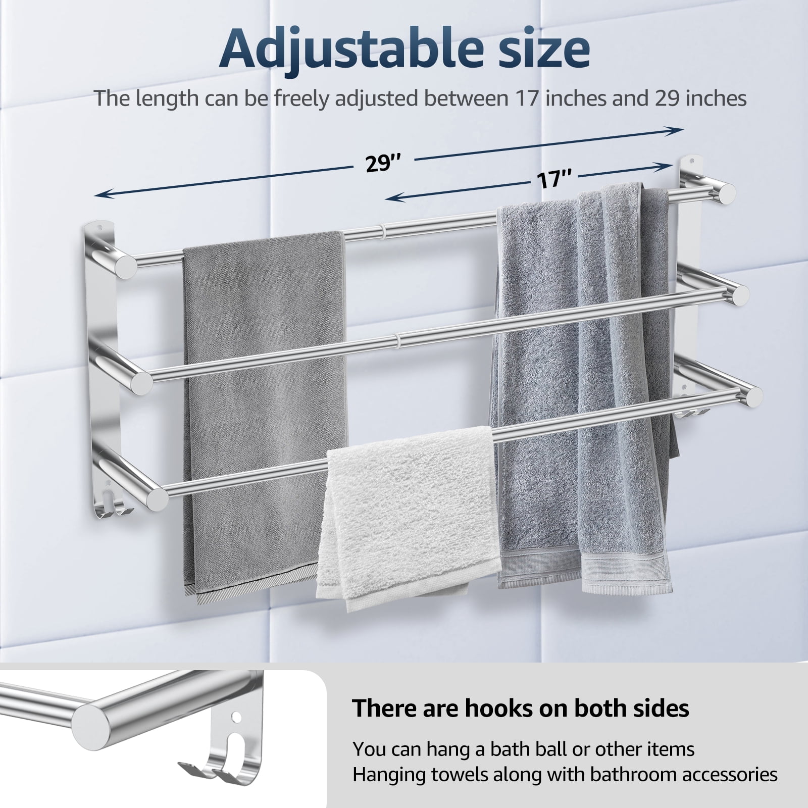 FKSZLL Towel Bars Hanger Stainless Steel Towel Rack, Three Tier Wall Mount Towel Holder, No Punch, Adjustable 17-29 inch with Hooks for Bathrooms and Kitchens