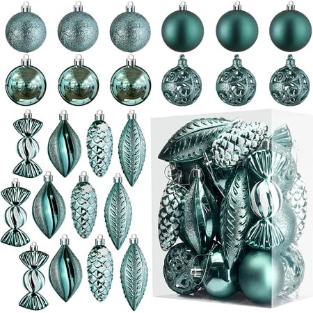 Prextex Peacock Green Christmas Ball Ornaments for Christmas Decorations - 24 Pieces Xmas Tree Shatterproof Ornaments for Holiday and Party Decoration (Combo of 8 Ball and Shaped Styles)