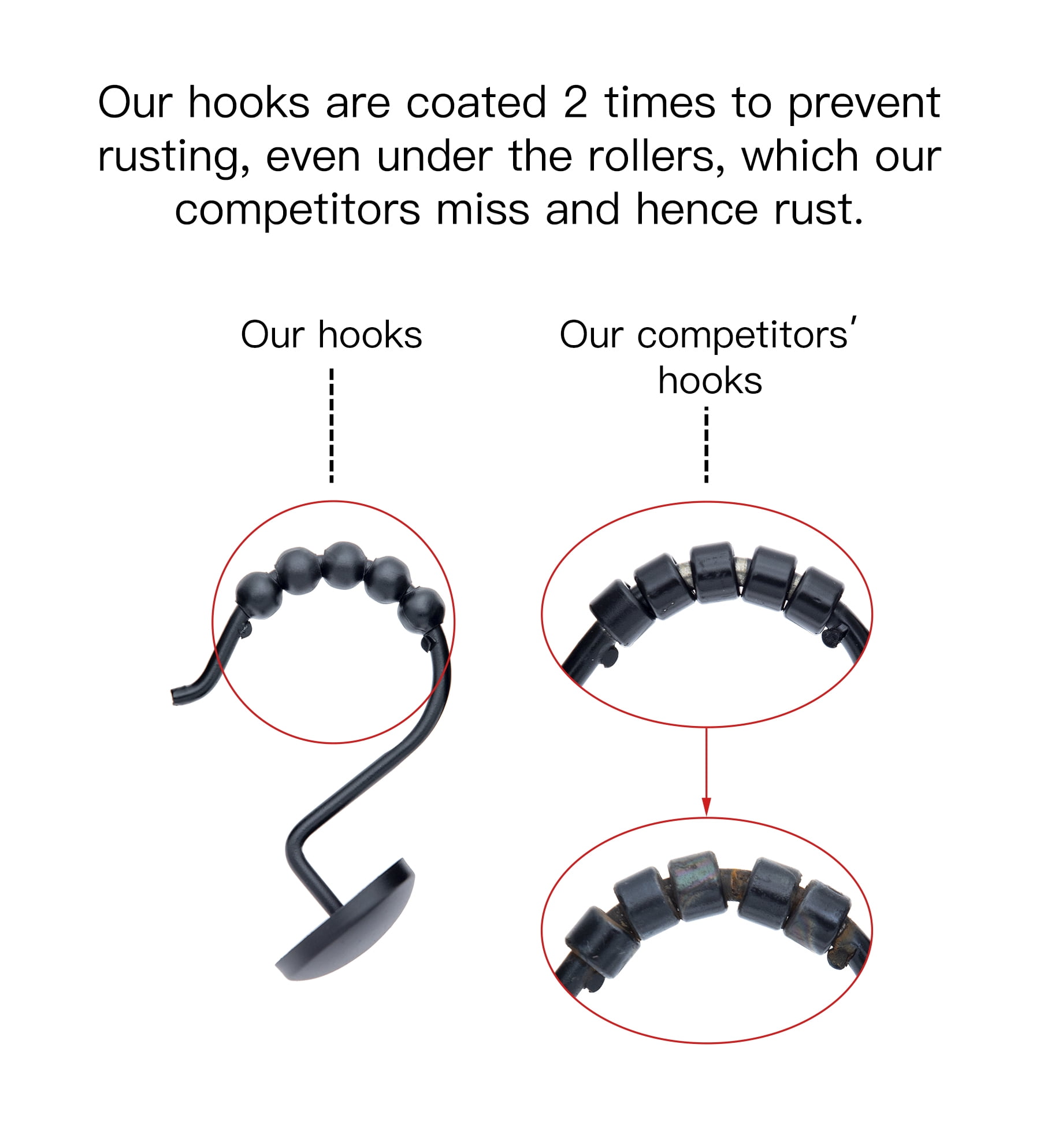 Utopia Alley Shower Hooks - Shower Curtain Rings for Bathroom - Rust Resistant Roller Shower Curtain Hooks for Shower Curtain or Liner - Set of 12, Matte Black