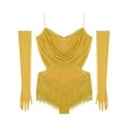 thumbnail image 5 of TTAO Women's Ruched Mesh Latin Dance Leotard Dress Tassel Rumba Jazz Dance Bodysuit Top with Gloves Yellow XXL, 5 of 7