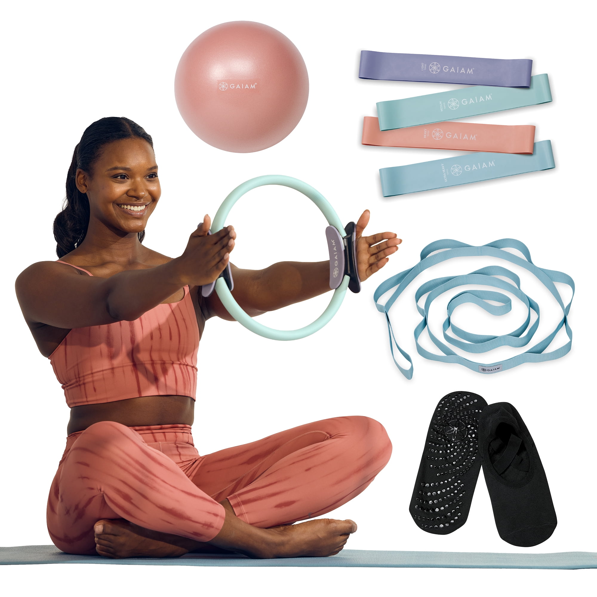 Gaiam Pilates Kit for Women — 6-Piece Starter Bundle with Pilates Ring, Stretch Strap, Grip Socks, Resistance Bands, Mini Ball & Mesh Carry Bag | 12" Magic Circle + 8" Core Ball | Home Workout Set