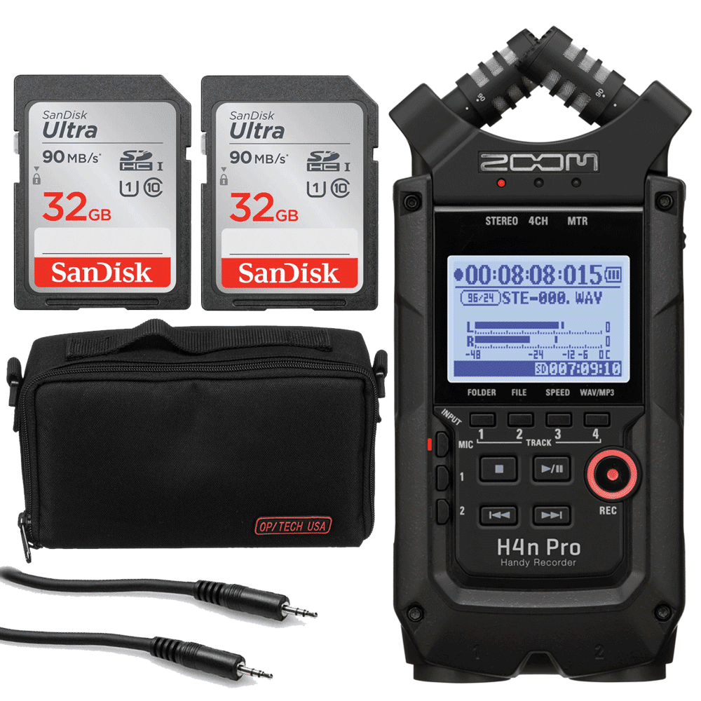 Zoom H4n Pro 4-Input 4-Track Portable Handy Recorder Onboard X/Y Mic Capsule with Zoom AD-14 AC Adapter for H4n Pro High Speed USB Cable & Outdoor Microphone Windscreen Transcend 16GB SDHC Card 
