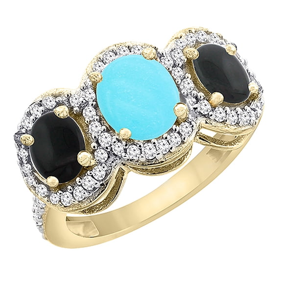 14K Yellow Gold Natural Turquoise & Black Onyx 3-Stone Ring Oval Diamond Accent, size 6.5
