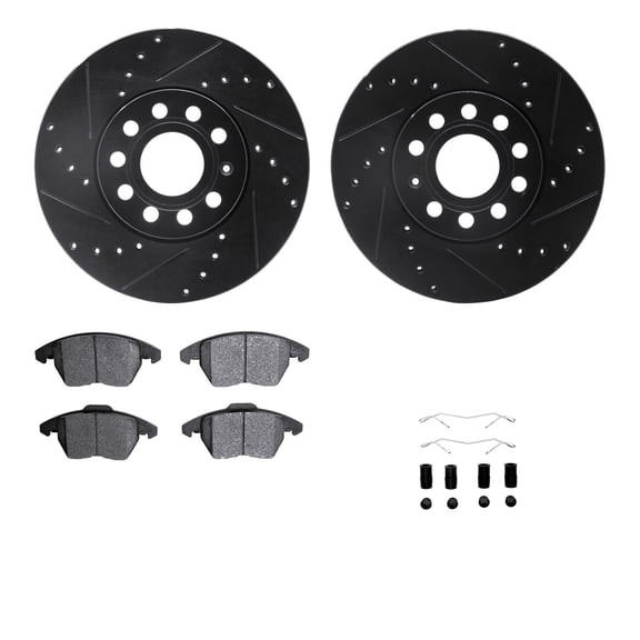 Dynamic Friction Company Front Brake Rotors-Drilled and Slotted-Black with 5000 Advanced Brake Pads includes Hardware 8512-74055