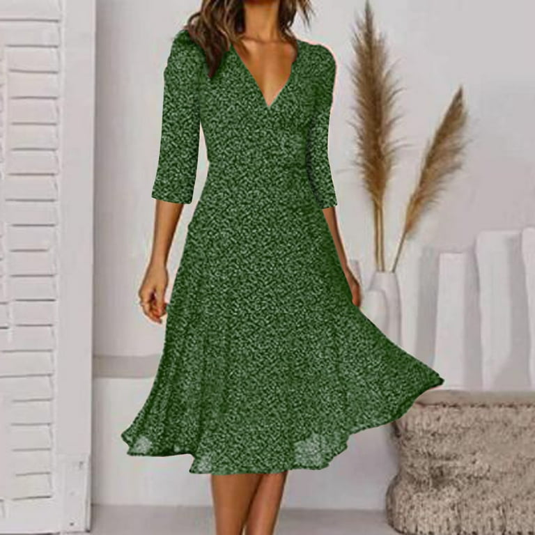 IDALL Summer Dresses Casual Dresses Women Casual Dress Summer Autumn Dress V Neck Polka Dot Print Dress Short Sleeve Lace Up Tie Dress Petite Dresses Wrap Dress Hawaiian Dresses Green Dress M Walmart....