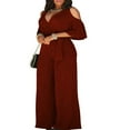 thumbnail image 3 of Womens V Neck Short Sleeve Cold Shoulder Wide Leg Belt Jumpsuits, 3 of 3