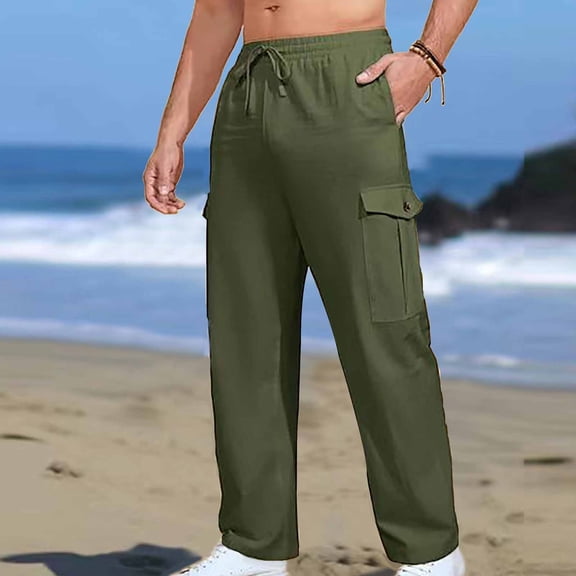 Ayfxijin Work Pants for Men,Man Fashion Leisure Solid Color Pocket Tie Rope Motion Straight Tube Trousers