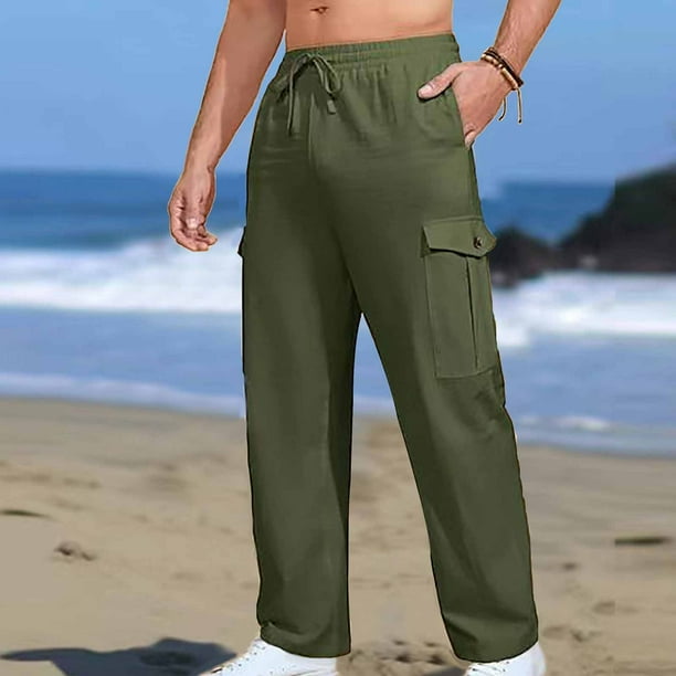 Pantalones largos para hombre, moda informal, color liso, con bolsillos, lazo, cordón, rectos, tubo, blusa y pantalón de poliéster.