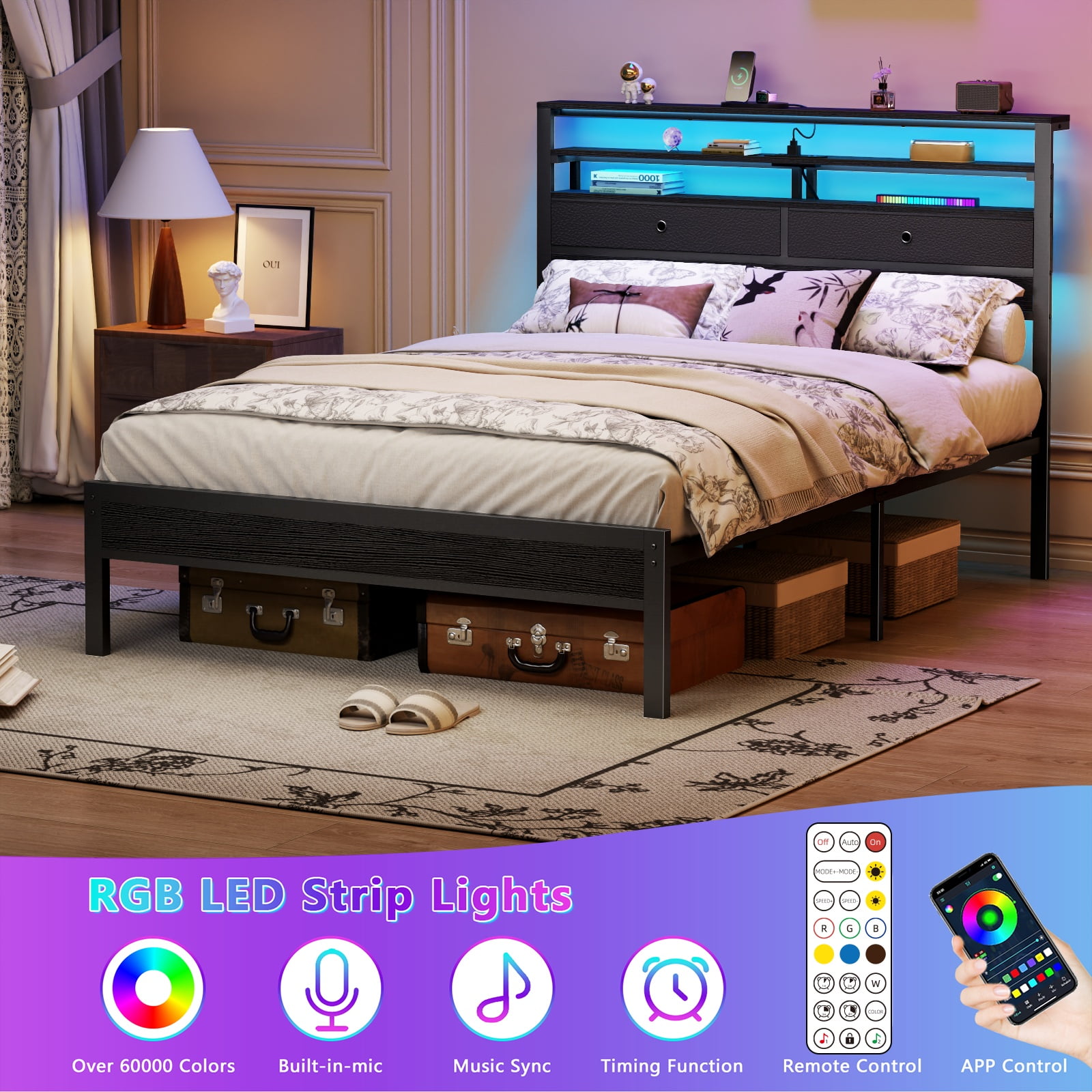 Dyzmo Full Size Bed Frame with Charging Station Storage Headboard Under Bed Storage Space, LED Platform Bed with High Headboard and Wooden Slats, No Box Spring Needed