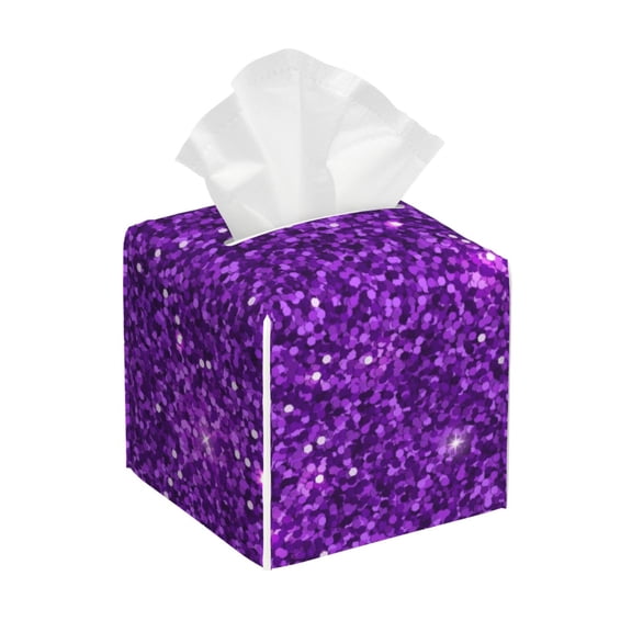 Leather Tissue Box Cover Square - Purple Glitter Waterproof Tissue Box Holder Paper Case Organizer Dispenser for Modern Home Office Room Home Bathroom Decor
