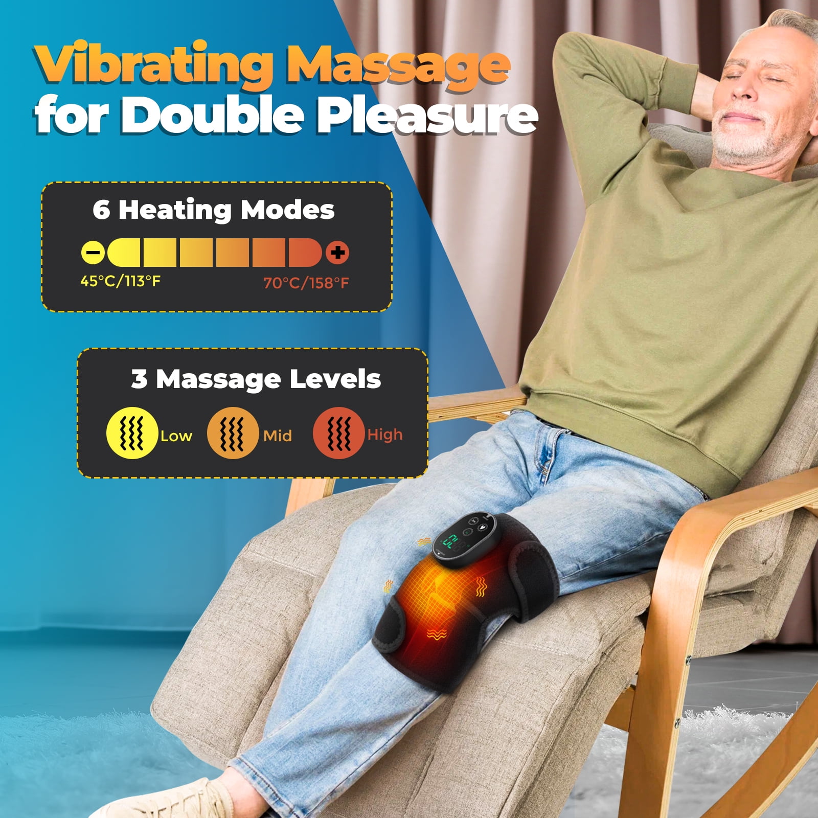 Knee Massager with Heat & Vibration – Heated Knee Brace Cordless, Knee Heating Pad Wrap with 6 Heat + 3 Vibration Modes, Rechargeable Adjustable Strap for Knee Shoulder Elbow, Auto Shut Off 2PCS
