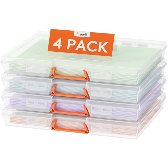 Lifewit 4 Pack Plastic Paper Storage Boxes, A4/Letter Size, 4 Extra Zipper Bags, Sticker Label, Portable File box with Latching Lid and Handle, Versatile Storage box for Projects, Craft Supplies