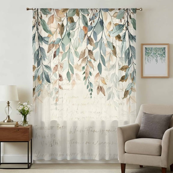 Green Brown Botanical Sheer Curtains 84 Inches Long, Farmhouse Eucalyptus Leaves Rustic Light Filering Curtains, Breathable Simi Curtain Privacy Drapes for Living Room Bedroom Window Treatment