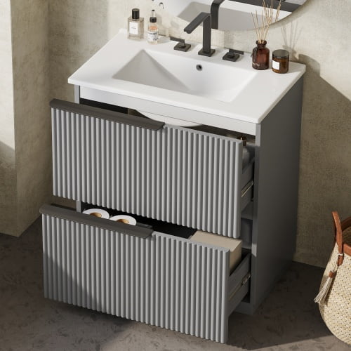 30" Bathroom Vanity Modern Fluted Design with Ceramic Sink Full-Extension Soft-Close Drawers Luxury Storage Cabinet for Bathroom Organization Grey