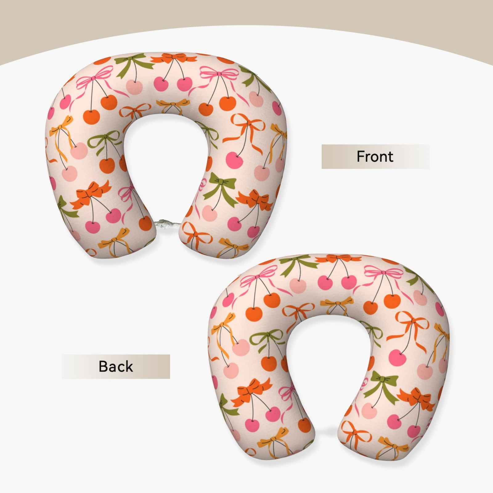Xecao Cherries And Bows Print Memory Foam Cervical Neck Pillow Versatile U-Shaped Pillows for Home,Office,Camping,Travelling,Soft Washable Cover